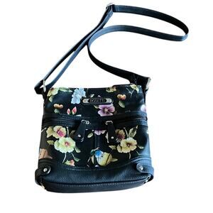 Rosetti Black Floral Bird Print Faux Leather Crossbody Bag Purse